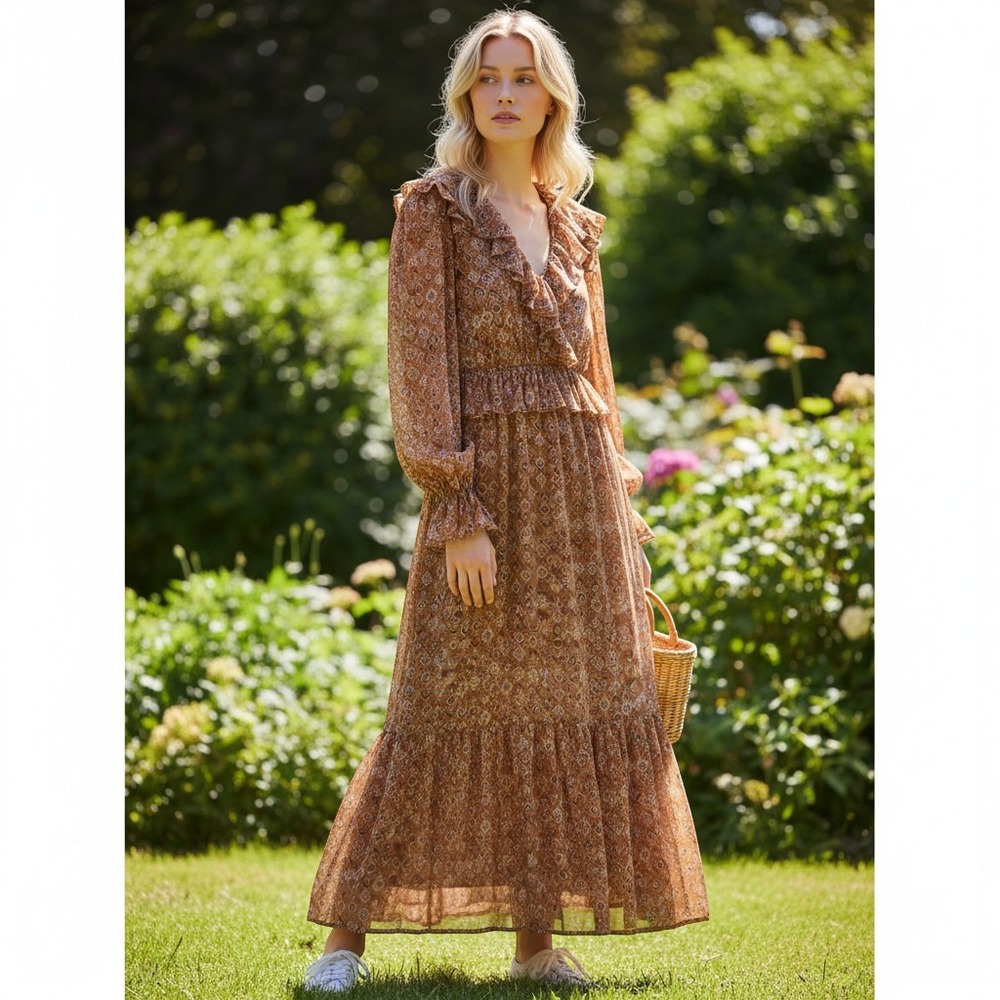 Moon River Tiered Rust Boho Metallic Maxi Dress Womens M Peasant Western Earthy